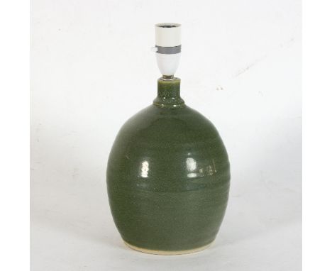 Russell Collins, Hook Norton Pottery/A green glazed stoneware lamp base of globular form with narrow neck, impressed mark, 29