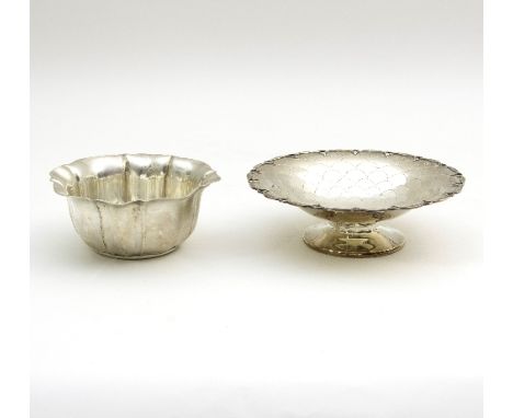 A circular silver footed bowl, Mappin & Webb, Sheffield 1940, with fish scale type decoration and another silver bowl, approx