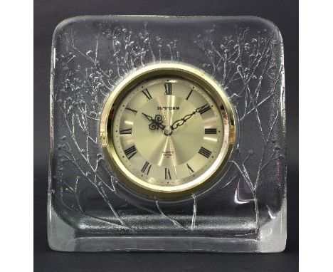 A Lalique style modern glass mantel clock with a frosted and moulded design of branches to verso seen through the front, circ