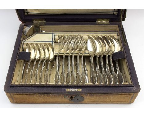 A German table service of fiddle and thread pattern flatware, comprising six tablespoons, six table forks, six dessert spoons