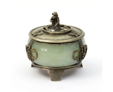 A Chinese hardstone and white metal mounted box and cover, the cover with monkey finial above pierced dragon decoration and b