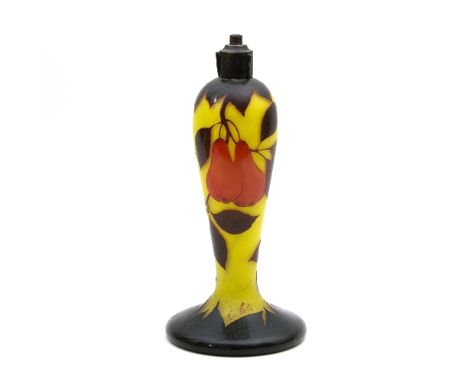 Loetz, a cameo glass lamp base of baluster form decorated a hanging pear branch to a yellow ground, overall 31cm high