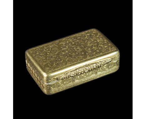 A 19th Century gold snuff box, unmarked, with scroll engraving throughout and floral thumbpiece, 4.5cm wide, approximately 45