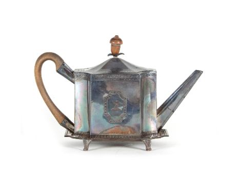 A George III silver teapot on stand, GS, London 1788, of rectangular shape with concave corners, crested, approximately 545gm