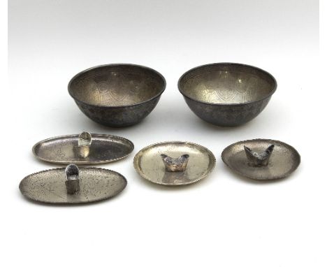 A Chinese silver chopstick rest, Zee Sung, Shanghai, three similar examples and two Eastern white metal bowls   Condition Rep