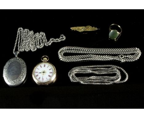 A lady's 9ct gold cased pocket watch with gilded enamel dial and floral engraving to back of case, a silver locket on chain, 