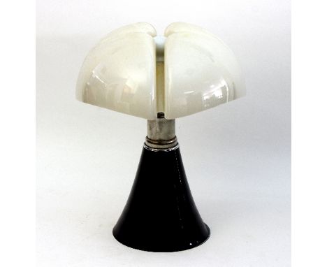 A mid 20th Century table lamp with moulded stylised dome cover in white and tapered circular black base, approximately 67cm h