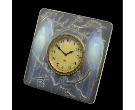 Lalique, an Inseparables opalescent glass clock, design circa 1926, moulded R Lalique and inscribed  to bottom edge of base R