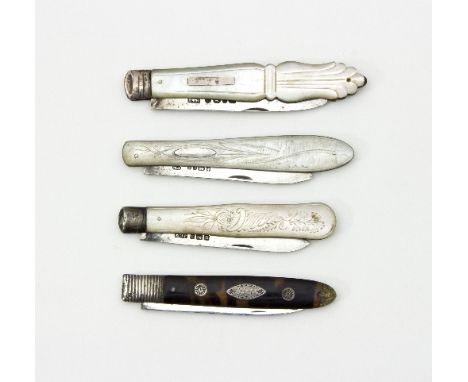 A Victorian fruit knife with silver blade, T M Sheffield 1878, with engraved mother-of-pearl mounts, two others and a Georgia
