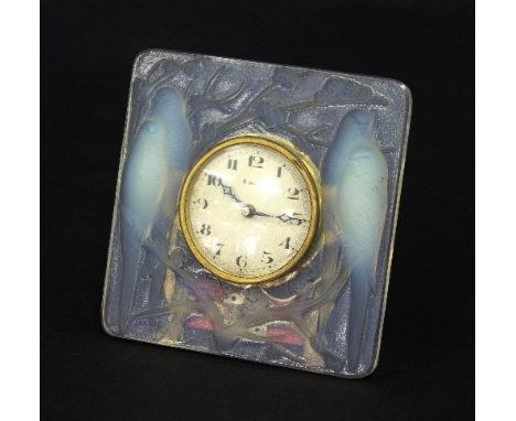 Lalique, an Inseparables opalescent glass clock, design circa 1926, moulded R Lalique, inscribed France to bottom edge, 11cm 