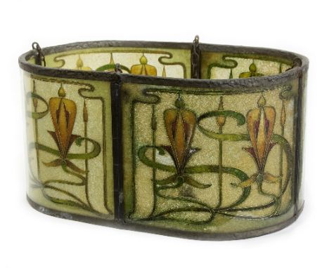 An Art Nouveau pendant lamp shade, of oval form, the lead frame containing four curved clear acrylic panels filled with colou
