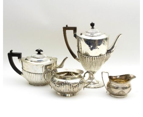 A silver coffee pot and matching teapot, Messrs Barnard, London 1892, half-ribbed and a somewhat similar milk jug and sugar b