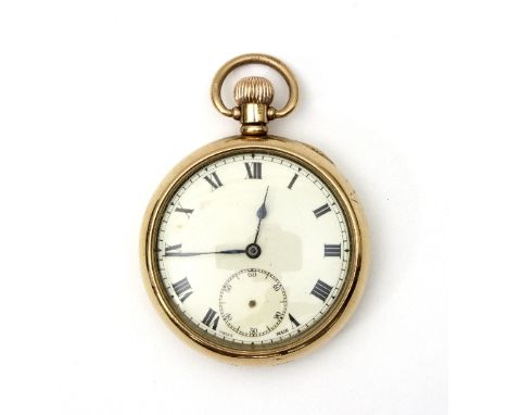 A 9ct gold cased pocket watch, unmarked enamel dial, with subsidiary dial (lacking hands), case marked for Dennison, No. 3447