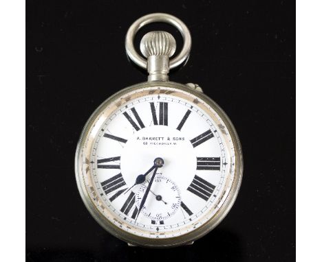 A Goliath pocket watch by A Barrett & Sons., the white enamel dial with Roman numerals and subsidiary seconds dial
