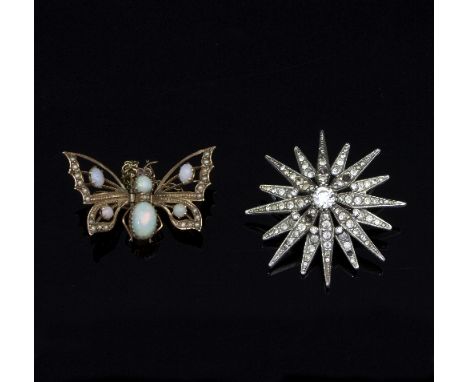 An opal butterfly brooch and a paste set starburst brooch (losses)