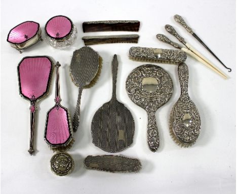 A silver and pink guilloche enamel part dressing table set and sundry other part dressing table sets   Condition Report:  4 p