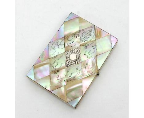 A late 19th Century mother-of-pearl visiting card case, the front with engraved floral lozenge and foliate surround, 11cm wid