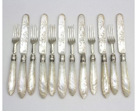 Six late Victorian silver dessert knives and forks, H H, Sheffield 1873, with engraved mother-of-pearl handles