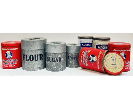 A variety of vintage tin canisters including Flour, Sugar, and Coffee (largest h- 18cm, w- 16.5cm), two Wefare Foods dried mi