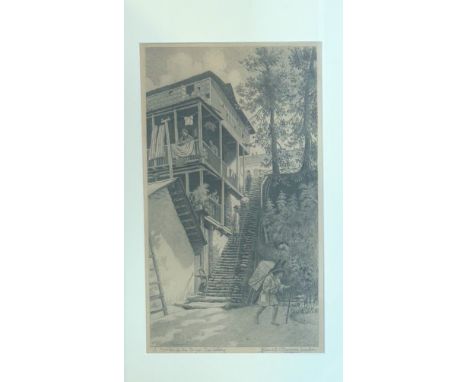 Frank Clinger Scallan (19thc), A Corner in the Bazar, Darjeeling, etching on brown paper, signed and titled bellow, in a glaz