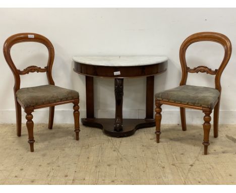 A Victorian Duchess console table, the bow front white marble top raised on a mahogany base (W92cm, H58cm.) together with a p