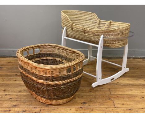 A vintage wicker basket, with open carry handle to each end (L64cm) together with a rush twin handled crib on stand (L87cm) (