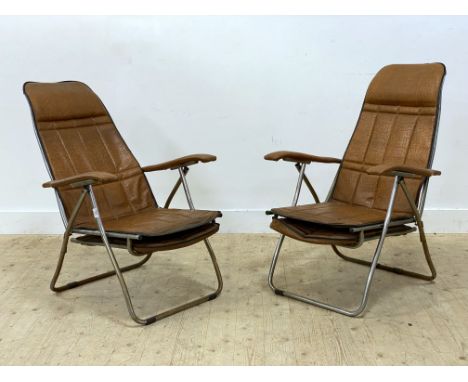 A pair of vintage Italian reclining deck chairs by Maule Marga, the tubular chrome frames with faux leather seat and back and