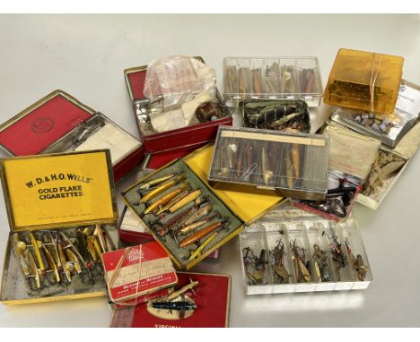 Fishing Interest: A custom made plywood bound box containing a large collection of vintage spinners and lures to include a ti