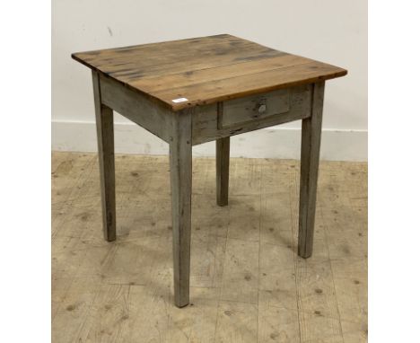 A Vintage pine side table, fitted with a drawer and raised on square tapered supports. H65cm, W59cm.&nbsp;