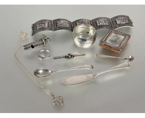 A collection of silver and white metal to include a miniature Edwardian Birmingham silver photograph frame H x 5cm, a Sheffie