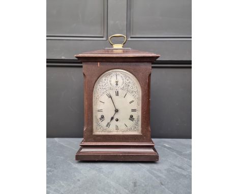 An early 20th century mahogany mantel clock,&nbsp;chiming on five straight gongs, 46.5cm high. 