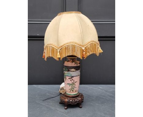 A 1930s Japanese pottery table lamp,&nbsp;with original velum octagonal shade, total height 52cm.&nbsp; 