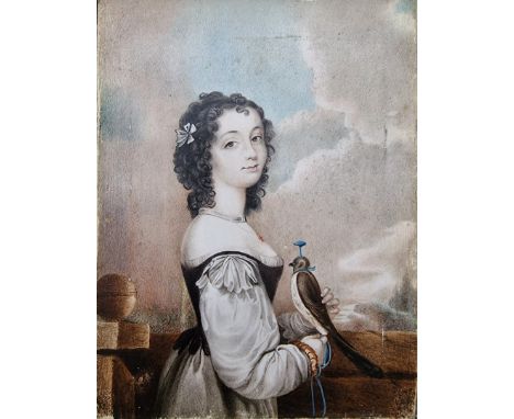 English School, late 18th century, an unusual half length portrait miniature of a young lady with a falcon, on ivory, 15.6 x 