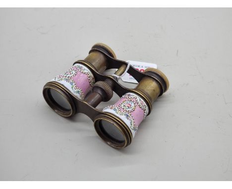A pair of late 19th century French brass, enamel and mother-of-pearl opera glasses.&nbsp;&nbsp; 