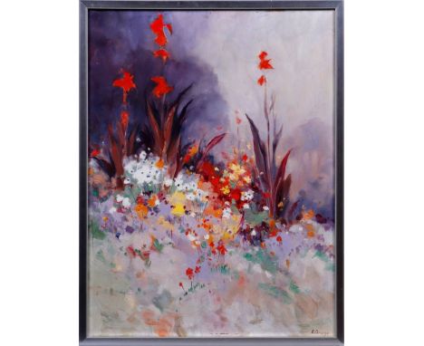  Oscar Droege (1898 in Hamburg - 1983 ebda.)  Sommerbeet mit Gladiolen, Öl auf Pappe, u.r. sign. "O. Droege", ca. 61x46,5cm,