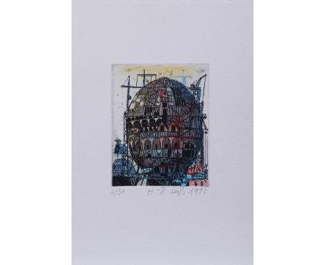   Hans Ruprecht Leiß (1954 in Husum geb.)  Ovoides Gebäude, 1992, aquarellierte Radierung, u.r. bleistiftsign. u. dat., Ex. 6
