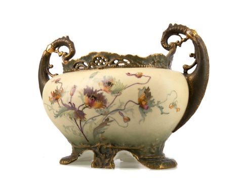 TWIN HANDLED PLANTER BY TURN WIEN,floral decorated with gilt highlights and pierced detail, printed mark and no. 5448 to base