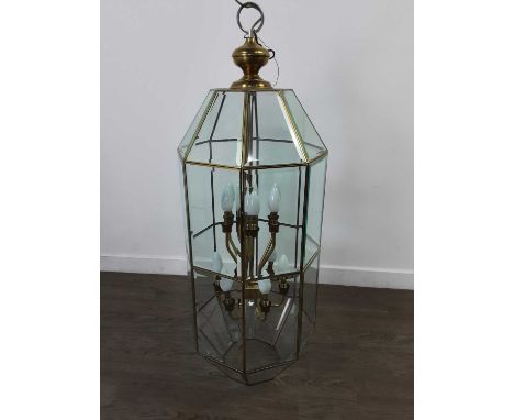 LARGE HALL LANTERN LIGHT FITTING,modern, with brassed frame and bevelled glass enclosing twelve branches, 108cm high