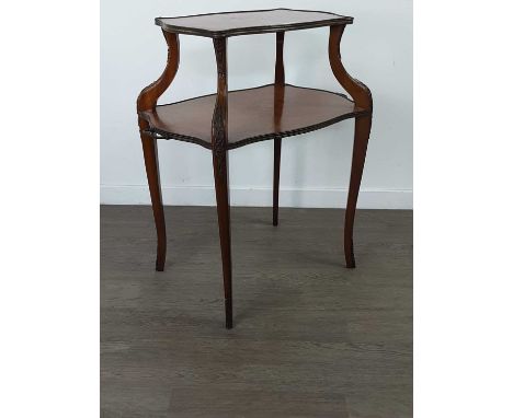 FRENCH MARQUETRY INLAID KINGWOOD TWO-TIER TEA TABLE,with brass mounts, the second tier with twin-handles, on sabre supports, 