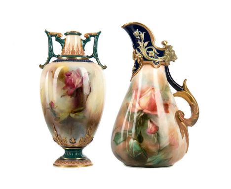 HADLEY'S WORCESTER EWER AND VASE,both floral decorated, the ewer with lion mask as handle thumbrest, bearing typical marks to