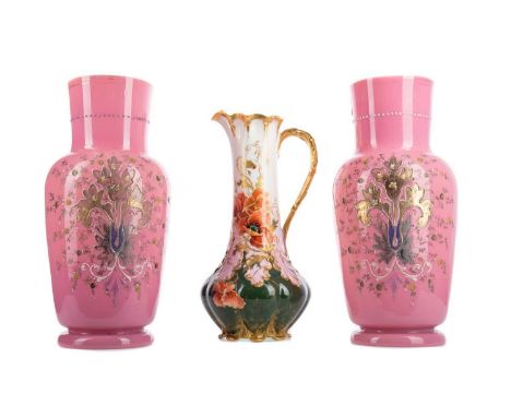 PAIR OF VICTORIAN PINK OPALINE OVERLAY GLASS VASES,decorated in enamels and gilding with floral sprays, 29.7cm high, together