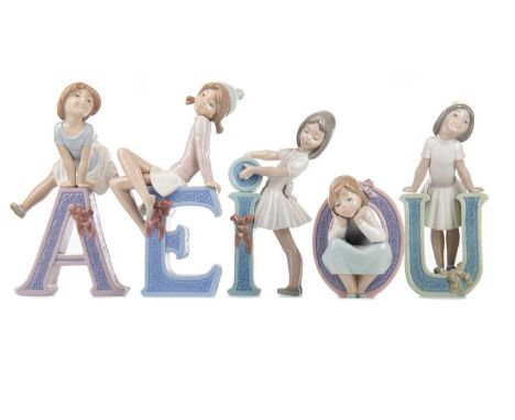 LLADRO ALPHABET SET,comprising the vowels A, E, I, O, and U, each modelled with a girl figure, the tallest 22cm highcondition