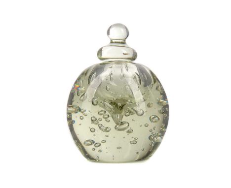 GLASS DUMP SCENT BOTTLE,of ovoid form, with suspended air bubbles, unpolished pontil scar, knop stopper, 15.5cm highStopper b