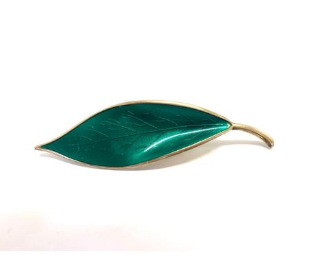 Silver and enamel David Andersen leaf brooch 