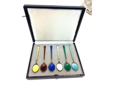 Boxed set of 6 silver and enamel tea spoons 