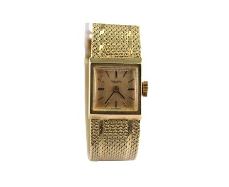 Damenarmbanduhr 585 Gelbgold. Marke Provita Eckig 1,4 x 1,4 cm. Gestempelt mit Krone und 585 Armband breite von 1,4 cm nach 1
