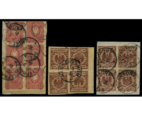1888-98 Stamps of Germany inscribed 'DEUTSCHE REICHS-POST': 1888 10pf carmine (SG Z4), block of 6 (2x3) used by several STEPH
