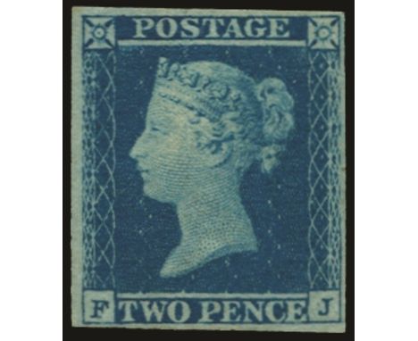 1841-51 2d blue plate 4, FJ with four good to large margins and fresh, gum a little disturbed with patch of glazing, cat £6,2