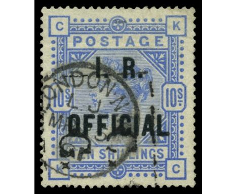 Inland Revenue: 1882-1901 10s ultramarine lettered K-C, overprinted I.R. OFFICIAL (SG O10), good used with a London MR 25 91 