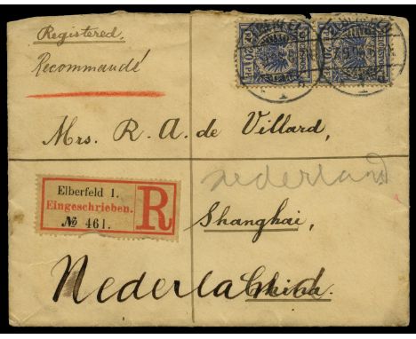 Incoming Mail: 1898 Sepember 7 registered cover from Elberfeld, Germany, franked pair 20pf dull blue, addressed to R A de Vil